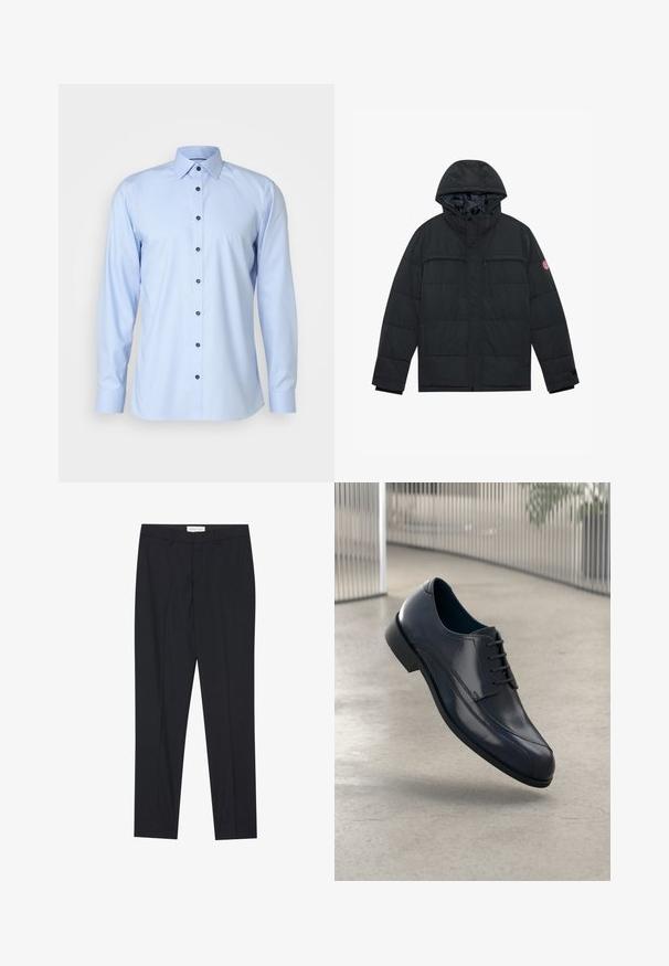Svart polstret jakke med hette, med to glidelåslommer på brystet, trykknaplukking og elastiske mansjetter. Glatt yttermateriale med matt finish.; OLYMP No. Six SIX SUPER SLIM - Finskjorte - bleu; Sorte skrædderbukser med flad front, almindelig pasform, lavet af glat stof, med pressede folder og sidelommer.; Glans svart lærdressko med snørebånd, svevende over et glatt, lyst grått gulv med vertikale metallstenger i bakgrunnen.