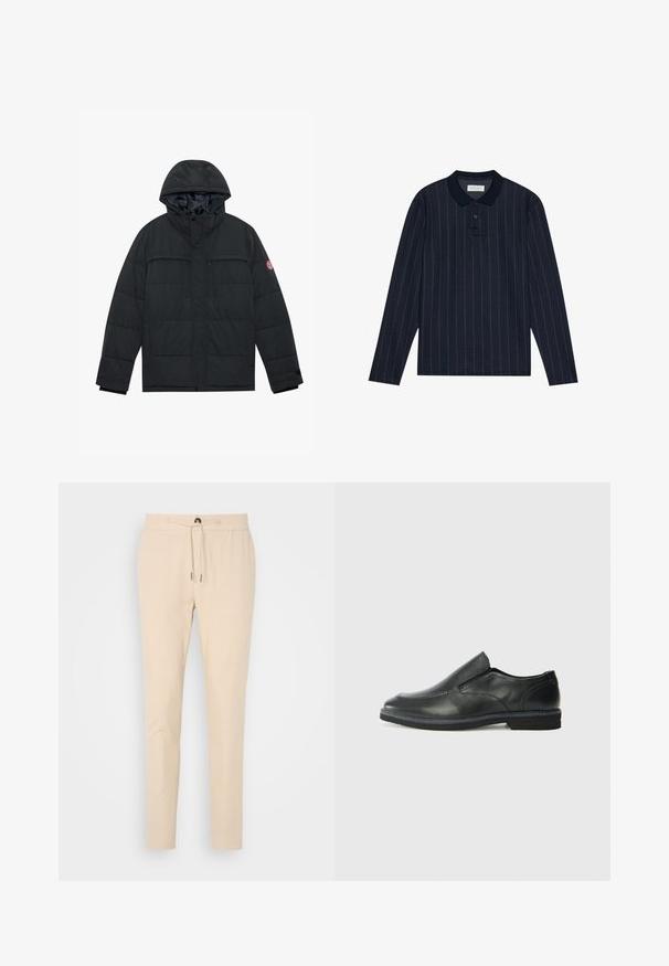 Sort polstret jakke med hætte, der har to lynlåslommer på brystet, trykknaplukning og elastiske manchetter. Glat ydermateriale med mat finish.; Marineblå langærmet polo med krave, der har tynde lodrette striber og en treknaps lukning. Blødt stof.; Beige tapered bukser lavet af blødt stof, med en elastisk talje med snor og en enkelt forlomma. Glat tekstur og diskret design.; Sorte læder slip-on sko med en glat overdel, syede detaljer, rund tå og en lav gummihæl. Sålen har minimal profil.