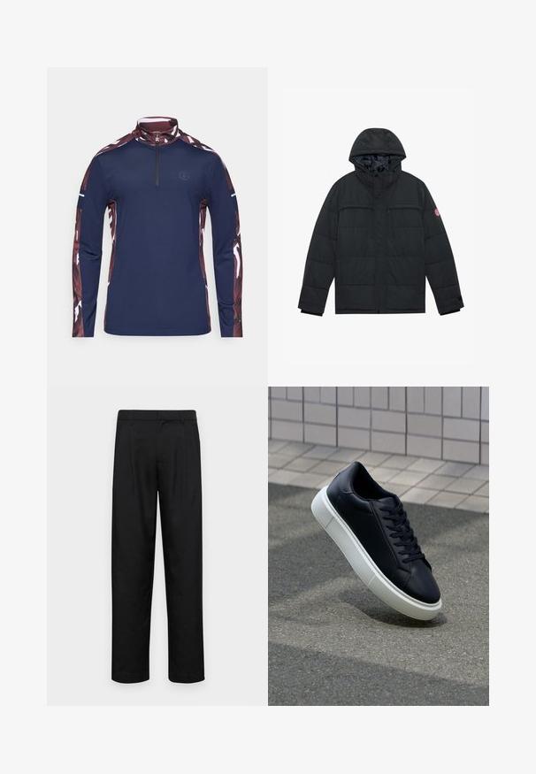 Črna podložena jakna s kapuco, ki ima dve žepni zaprti z zadrgo na prsih, s pritrdilnim zapiranjem in elastičnimi manšeti. Gladek zunanji material z mat površino.; Mornarica dolg rokav pulover s ovratnikom na četrtinski zadrgi. Ima vzorčaste maroon rokave z belimi detajli in majhnim logotipom na prsih.; Črne hlače iz gladkega materiala, s krojem ravne noge, dvema sprednjima pregiboma in standardnim pasom z zankami za pas.; Črne usnjene superge z zaobljenim prstom in belim gumijastim podplat. Imajo ravne vezalke in minimalno šivanje na zgornjem delu. Teksturirani podplat za oprijem.
