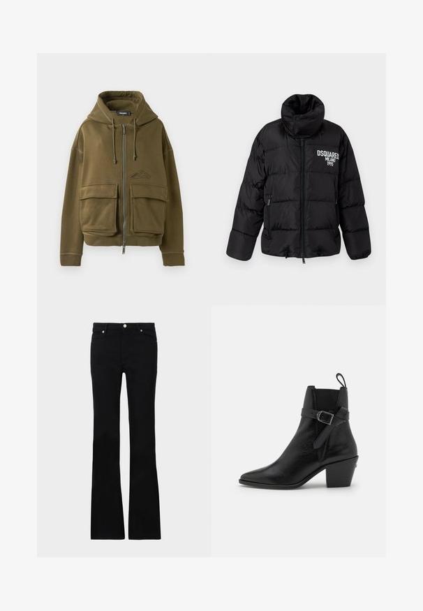 Chaqueta puffer negra con cuello alto, cierre de cremallera, dos bolsillos laterales y logo blanco "DSQUARED2 MILANO 1995" en el pecho. Textura suave y brillante.; Sudadera con cremallera en color verde oliva, con cordones, dos grandes bolsillos frontales con solapa, puños acanalados y un pequeño logo en el lado izquierdo del pecho.; Camiseta blanca sin mangas con un diseño de escote en V, tirantes finos, acentos de encaje texturizado en los hombros y un dobladillo curvado. Textura de tela suave.; Pantalones vaqueros de talle ancho en negro, confeccionados en denim, con dos bolsillos frontales, cierre de botón y una textura suave. Costuras distintivas visibles en las costuras.; Botín negro de cuero hasta el tobillo con punta afilada, tacón ancho y detalle de hebilla lateral. Presenta una textura suave y una tira en la parte trasera.