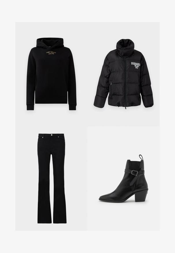 Juodas pūkuotas džemperis su aukšta apykakle, užtrauktuku, dviem šoninėm kišenėm ir baltu "DSQUARED2 MILANO 1995" logotipu ant krūtinės. Lygi, blizgi tekstūra.; Juodas džemperis, pagamintas iš minkštos medžiagos, su priekinėmis kišenėmis, lanksčiomis rankogaliais ir auksiniu siuvinėtu logotipu ant krūtinės.; Juodi plačios kojų džinsai, pagaminti iš denimo, turintys dvi priekinės kišenes, užsegimą su mygtuku ir lygią tekstūrą. Išsiuvinėjimas matomas siūlėse.; Juodų odinių aulinukų iki kulkšnies su smailiu nosiu, kvadratiniu kulnu ir šoniniu sagties detalėmis. Pasižymi sklandžia tekstūra ir kilpos detale nugarinėje pusėje.
