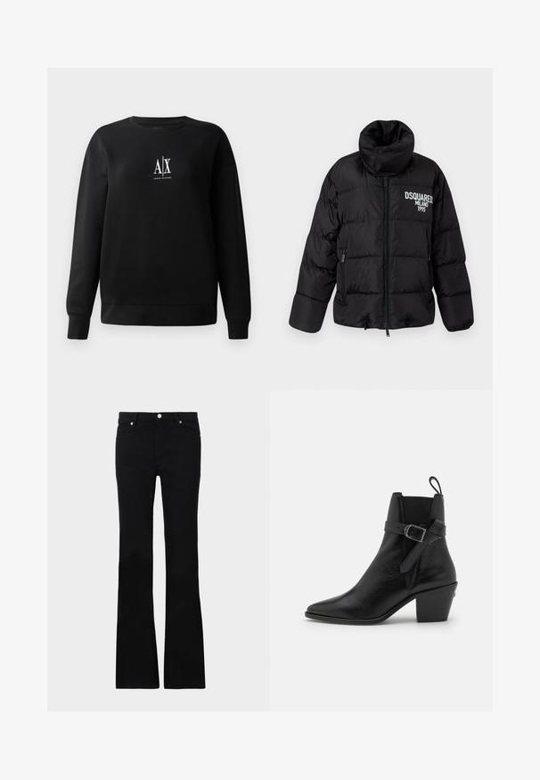 Čierna prešívaná bunda s vysokým golierom, zipsom, dvoma bočnými vreckami a bielym logom "DSQUARED2 MILANO 1995" na hrudi. Hladký, lesklý povrch.; Čierna mikina vyrobená z bavlnenej zmesi, s okrúhlym výstrihom a dlhými rukávmi. Na prednej strane sa nachádza biele logo "A|X". Hladká textúra.; Čierne rozšírené džínsy vyrobené z denimu, s dvoma prednými vreckami, zapínaním na gombík a hladkým povrchom. Viditeľné podpisové šitie na švoch.; Čierne kožené členkové čižmy s špicatou špičkou, blokovým opätkom a detailmi v podobe bočných prackov. Vyznačujú sa hladkou textúrou a pútkom na zadnej strane.