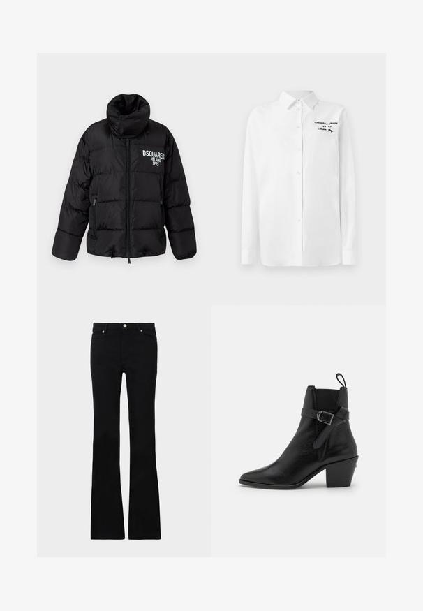 Black puffer jacket with high collar, zip closure, two side pockets, and white "DSQUARED2 MILANO 1995" logo on the chest. Smooth, shiny texture.; White long-sleeve button-up shirt with collar and black embroidered text "Moschino Jeans" on the upper left chest.; Black flared jeans made of denim, featuring two front pockets, a button closure, and a smooth texture. Signature stitching visible at seams.; Black leather ankle boot with pointed toe, block heel, and side buckle detail. Features smooth texture and a pull tab at the back.