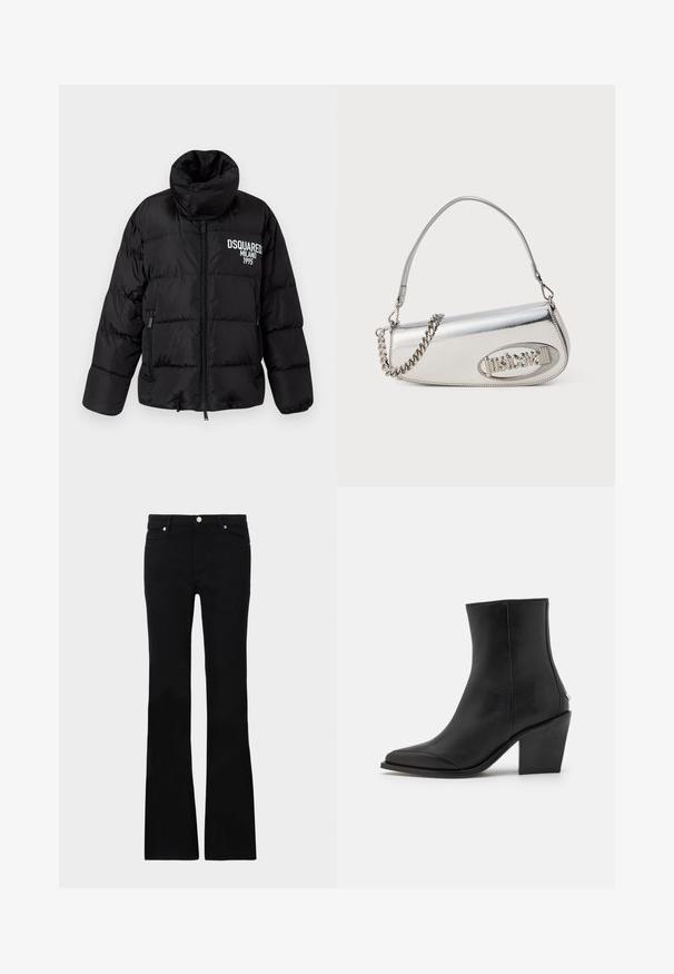 Black puffer jacket with high collar, zip closure, two side pockets, and white "DSQUARED2 MILANO 1995" logo on the chest. Smooth, shiny texture.; Black long-sleeve turtleneck top made of smooth fabric, featuring a ruffled neck and fitted silhouette with simple edges.; Black flared jeans made of denim, featuring two front pockets, a button closure, and a smooth texture. Signature stitching visible at seams.; Black leather ankle boot with a pointed toe, a block heel, and subtle side detailing. Smooth texture with a minimalist design.; Silver metallic handbag with a rounded triangular shape, featuring a logo, chain strap, and smooth texture. Zipper closure on the side.
