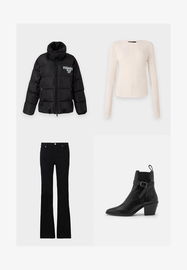 Čierna prešívaná bunda s vysokým golierom, zipsom, dvoma bočnými vreckami a bielym logom "DSQUARED2 MILANO 1995" na hrudi. Hladký, lesklý povrch.; Dlhý rukáv, svetlo béžový top s okrúhlym výstrihom. Vyrobený z mäkkej látky, má stredový šev a mierne zakrivený spodný okraj. Bez viditeľného hardvéru.; Čierne rozšírené džínsy vyrobené z denimu, s dvoma prednými vreckami, zapínaním na gombík a hladkým povrchom. Viditeľné podpisové šitie na švoch.; Čierne kožené členkové čižmy s špicatou špičkou, blokovým opätkom a detailmi v podobe bočných prackov. Vyznačujú sa hladkou textúrou a pútkom na zadnej strane.