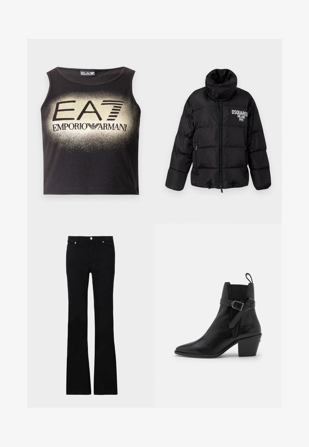 Black puffer jacket with high collar, zip closure, two side pockets, and white "DSQUARED2 MILANO 1995" logo on the chest. Smooth, shiny texture.; Black sleeveless crop top made of smooth cotton with a gold gradient logo "EA7 EMPORIO ARMANI" prominently displayed at the center.; Black flared jeans made of denim, featuring two front pockets, a button closure, and a smooth texture. Signature stitching visible at seams.; Black leather ankle boot with pointed toe, block heel, and side buckle detail. Features smooth texture and a pull tab at the back.