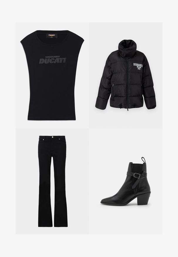 Jachetă puffer neagră cu guler înalt, închidere cu fermoar, două buzunare laterale și logo-ul alb "DSQUARED2 MILANO 1995" pe piept. Textură netedă și strălucitoare.; Tricou negru fără mâneci cu decolteu rotund și logo-ul ridicat negru "DSQUARED2 DUCATI" pe piept, mărimea mică, etichetă "made in Italy" în interiorul gulerului.; Blugi negri evazați din denim, care prezintă două buzunare frontale, o închidere cu buton și o textură netedă. Coaserea semnăturii vizibilă la cusături.; Botine negre din piele cu vârf ascuțit, toc pătrat și detaliu cu cataramă pe lateral. Prezintă o textură netedă și o curea la spate.