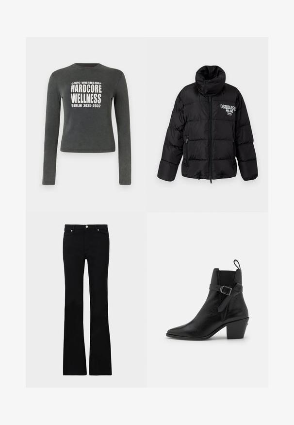 Must-haves musternus, tumed jutind, kahjur, kahe külje taskuga ja valge "DSQUARED2 MILANO 1995" logo rinnal. Sile, läikiv tekstuur.; Tumehall pikkade varrukatega särk, mille ees on keskelt kirjutatud valgete tähtedega "032C Workshop Hardcore Wellness Berlin 2025-2032".; Mustad teksased, millel on flared lõige, kaks esi-taskut, nööbiga kinnitamine ja sile tekstuur. Tootemärgistus on nähtav õmblustes.; Mustat nahast kaanetrid peenikese toe, plokknäkkega ja külgpanna detailiga. Omab siledat tekstuuri ja taga tõmbeaasat.