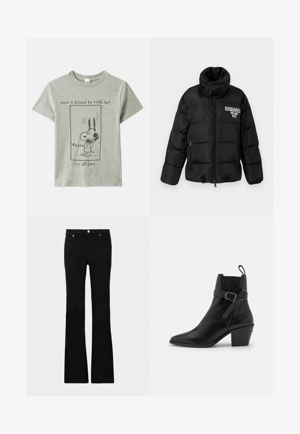 Crna puffer jakna s visokim ovratnikom, zatvaračem, dva bočna džepa i bijelim logotipom "DSQUARED2 MILANO 1995" na prsima. Glatka, sjajna tekstura.; Sivi pamučni majica s crtanom psu koji drži telefon, s natpisom: "trebaš prijatelja za razgovor? Tu sam da slušam."; Crne široke traperice izrađene od denima, s dva prednja džepa, kopčanjem na dugme i glatkom teksturom. Potpisna šavova vidljiva na šavovima.; Crne kožne čizme do gležnja s nazubljenim vrhom, debelim potplatom i detaljem na boku s kopčom. Imaju glatku teksturu i petu za povlačenje na poleđini.