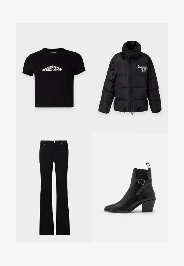 Zwarte pufferjack met hoge kraag, ritssluiting, twee zijzakken en wit "DSQUARED2 MILANO 1995" logo op de borst. Glad, glanzend materiaal.; Zwarte katoenen cropped t-shirt met korte mouwen en een witte logo grafiek aan de voorkant. Soepele textuur, ronde hals.; Zwarte flared jeans van denim, met twee voorzakken, een knoopsluiting en een gladde textuur. Kenmerkende stiksels zichtbaar bij de naden.; Zwarte leren enkelboots met een spitse neus, blokhak en zijgespilde detail. Beschikt over een gladde textuur en een trekriem aan de achterkant.