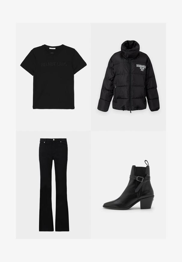 Black puffer jacket with high collar, zip closure, two side pockets, and white "DSQUARED2 MILANO 1995" logo on the chest. Smooth, shiny texture.; Black cotton T-shirt featuring a crew neck and short sleeves, with "HELMUT LANG" embossed across the front in a matching design.; Black flared jeans made of denim, featuring two front pockets, a button closure, and a smooth texture. Signature stitching visible at seams.; Black leather ankle boot with pointed toe, block heel, and side buckle detail. Features smooth texture and a pull tab at the back.