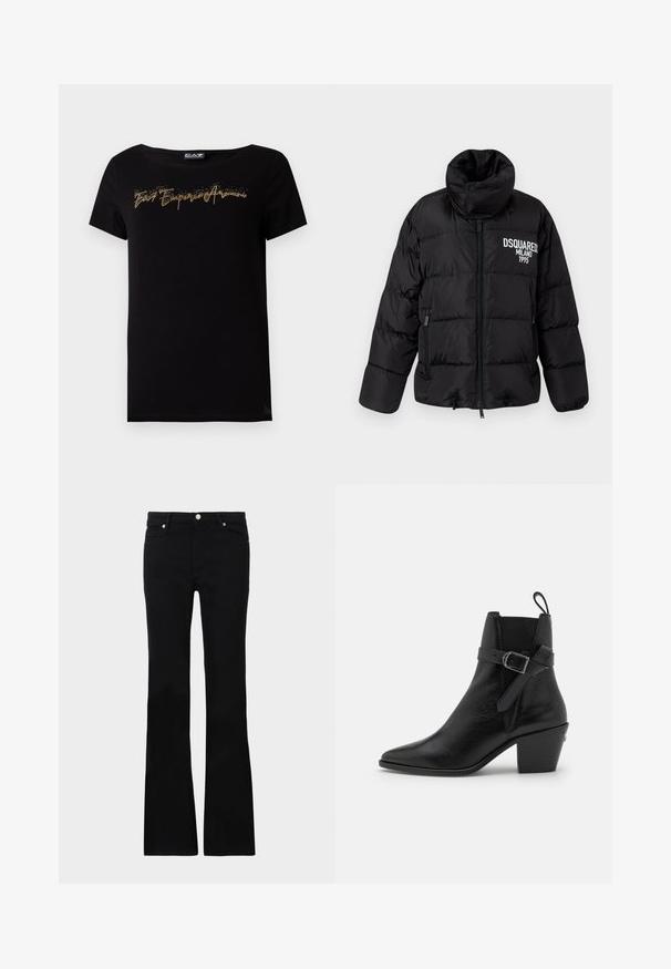 Giacca a vento nera con colletto alto, chiusura con zip, due tasche laterali e logo bianco "DSQUARED2 MILANO 1995" sul petto. Tessuto liscio e lucido.; T-shirt nera in cotone con collo rotondo. Sul davanti presenta un testo in glitter dorato in stile corsivo. Maniche corte e vestibilità comoda.; Jeans neri svasati in denim, dotati di due tasche anteriori, chiusura con bottone e una texture liscia. Cuciture iconiche visibili nei punti di giuntura.; Stivaletto in pelle nera con punta affusolata, tacco a blocco e dettaglio con fibbia laterale. Presenta una texture liscia e un tassello sul retro.