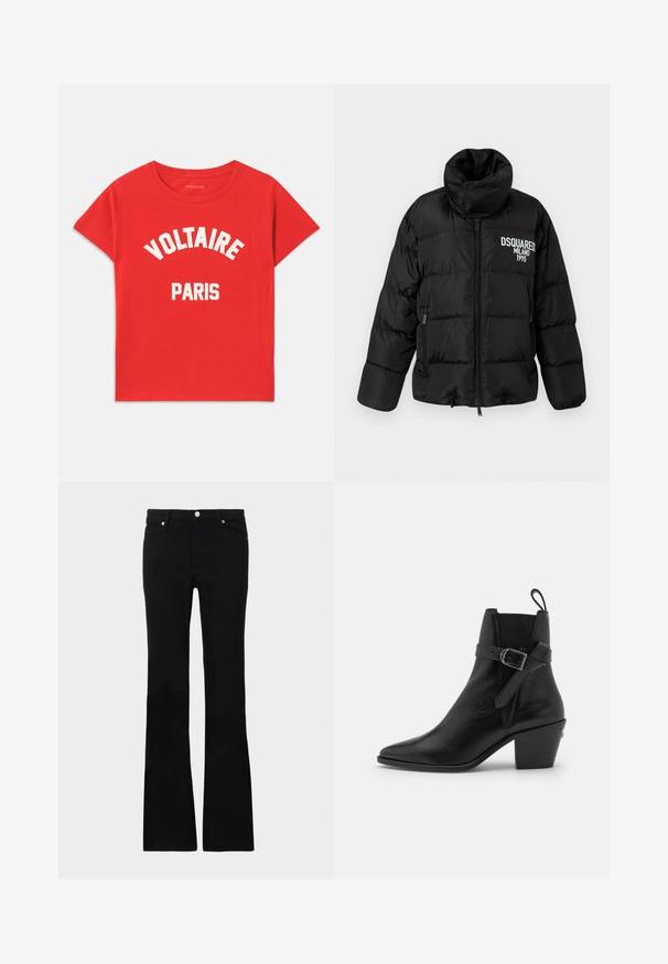 Black puffer jacket with high collar, zip closure, two side pockets, and white "DSQUARED2 MILANO 1995" logo on the chest. Smooth, shiny texture.; Red cotton t-shirt with short sleeves, round neckline, and white text reading "VOLTAIRE" and "PARIS" in bold, curved letters.; Black flared jeans made of denim, featuring two front pockets, a button closure, and a smooth texture. Signature stitching visible at seams.; Black leather ankle boot with pointed toe, block heel, and side buckle detail. Features smooth texture and a pull tab at the back.