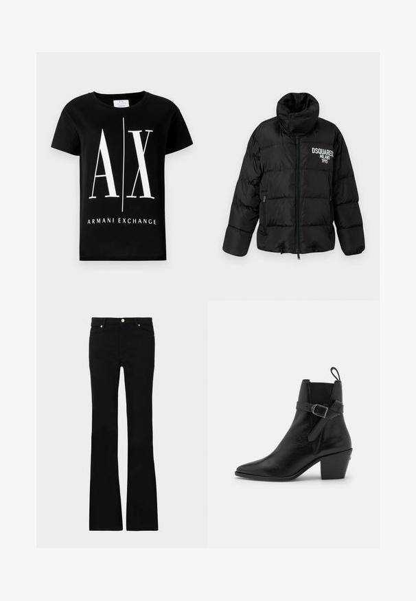 Črn napihljiv jopič z visokim ovratnikom, zadrgo, dvema stranskima žepoma in belim logotipom "DSQUARED2 MILANO 1995" na prsih. Gladka, sijoča tekstura.; Črn bombažni T-majica z velikim belim logotipom "AX" in besedilom "ARMANI EXCHANGE". Klasičen kroj z okroglim izrezom in kratkimi rokavi.; Črne zvonaste kavbojke iz denima, ki imajo dve sprednji žepi, gumbasto zapiranje in gladko teksturo. Oznaka zašite vidna na šivih.; Črne usnjene gležnjače s koničastim nosom, blok peto in stransko zaponko. Imajo gladko teksturo in zanko na zadnji strani.