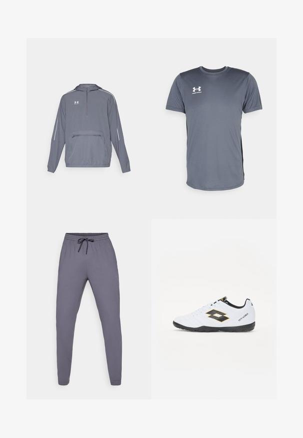 Szürke, könnyű kapucnis dzseki félcipzárral elöl, rugalmas aljjal és elöl cipzáras zsebbel. Fehér díszcsíkokkal a nadrágszáron.; Szürke sportpóló rövid ujjakkal. Kerek nyakú, az elején bal oldalon fehér Under Armour logóval. Sima tapintású.; Szürke sportnadrág rugalmas derékkal és húzózsinórral. Simább textúra, keskenyített lábformával, oldalán egy kis logóval.; Fehér sportcipő fekete és sárga kiegészítőkkel, textúrázott felsőrésszel, kerek orral és fekete gumitalppal. A dizájn tartalmaz egy logó részletet az oldalon.