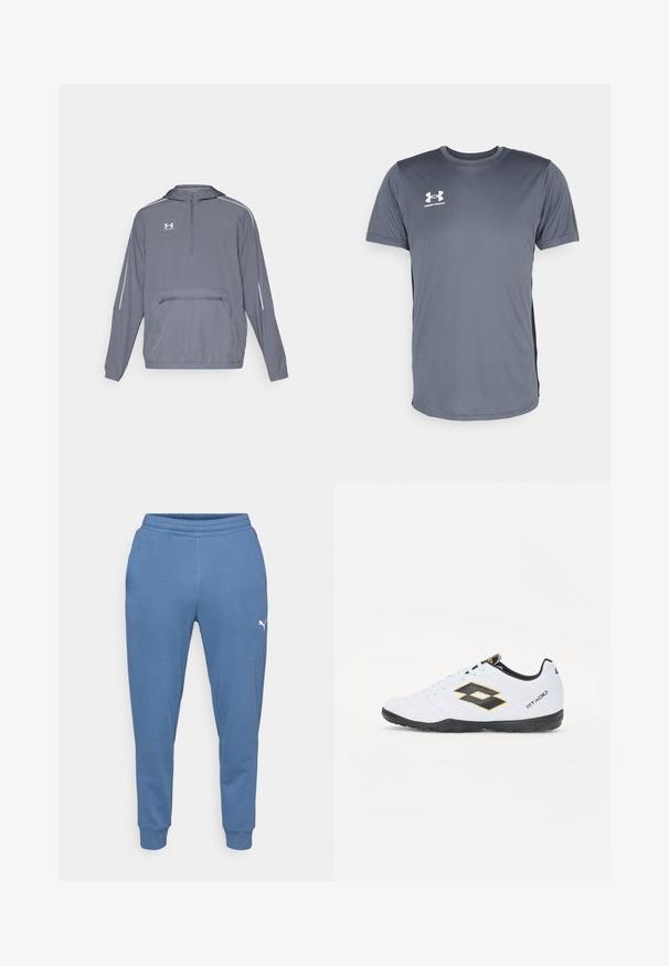 Graue, leichte Kapuzenjacke mit halbem Zipper an der Vorderseite, elastischem Saum und einer vorderen Reißverschlusstasche. Mit weißen Akzentlinien an den Ärmeln.; Graues Sport-T-Shirt mit kurzen Ärmeln. Verfügt über einen runden Halsausschnitt und ein weißes Under Armour-Logo auf der linken Brust. Glatte Textur.; Blaue Jogginghose aus weichem Stoff, mit einem elastischen Bund und schmal zulaufenden Beinen, und einem kleinen weißen Logo am linken Oberschenkel.; Weiße Sportschuhe mit schwarzen und gelben Akzenten, ausgestattet mit einem strukturierten Obermaterial, runder Schuhspitze und einer schwarzen Gummisohle. Das Design beinhaltet ein Logodetail an der Seite.