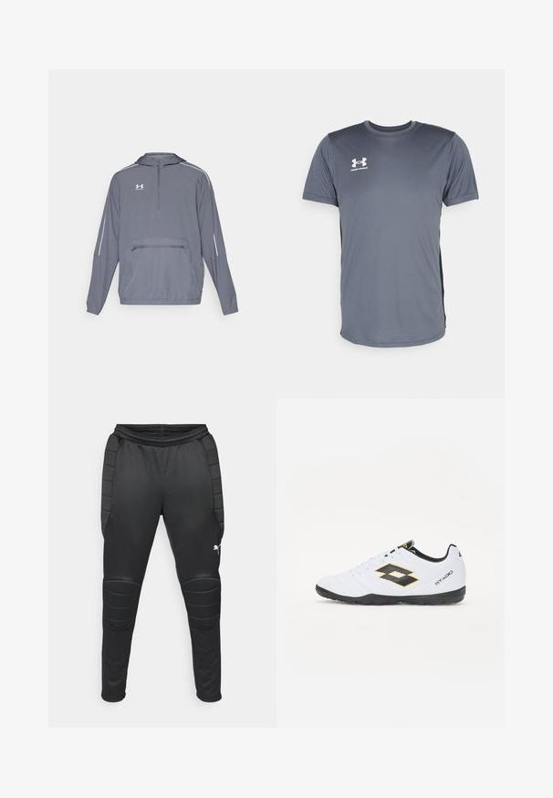 Pilkas lengvas gobtuvu džemperis su pusiau užtrauktuku priekyje, elastinga apačia ir priekiu užtraukiama kišene. Savybių baltos akcentinės linijos ant rankovių.; Pilkas sportinis marškinėliai su trumpomis rankovėmis. Su apvaliu iškirpimu ir baltu Under Armour logotipu priekinėje kairėje krūtinės pusėje. Lygi tekstūra.; Juodos sportinės kelnės su paminkštintais kelio įdėklais, siauru dizainu, elastine juosta ir Puma logotipu kairėje apatinėje kojoje. Lygus paviršius.; Baltos sportinės bateliai su juodais ir geltonais akcentais, turintys tekstūruotą viršutinę dalį, apvalią nosį ir juodą guminius padus. Dizainas apima logotipo detalę šone.