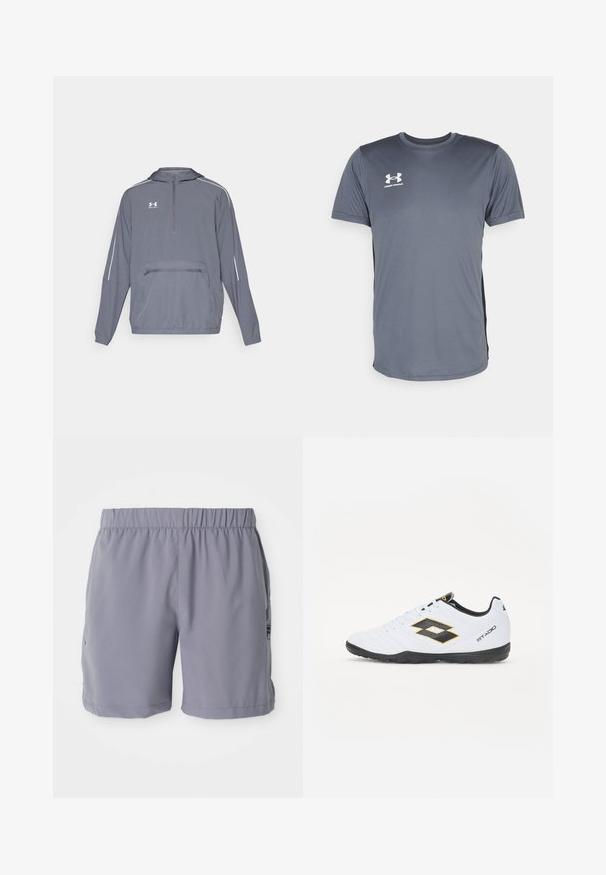 Šedá lehká bundě s kapucí a předním zipem po polovinu, elastickým lemem a přední kapsou na zip. Obsahuje bílé akcentační linky na rukávech.; Šedé atletické tričko s krátkými rukávy. Má kulatý výstřih a bílé logo Under Armour na přední levé části hrudi. Hladká textura.; Šedé sportovní šortky s elastickým pasem, vybavené bočními kapsami a hladkým, lehkým materiálem. Vhodné na sport a volný čas.; Bílé sportovní boty s černými a žlutými akcenty, s texturovaným svrškem, kulatou špičkou a černou gumovou podrážkou. Design zahrnuje detail loga na boku.