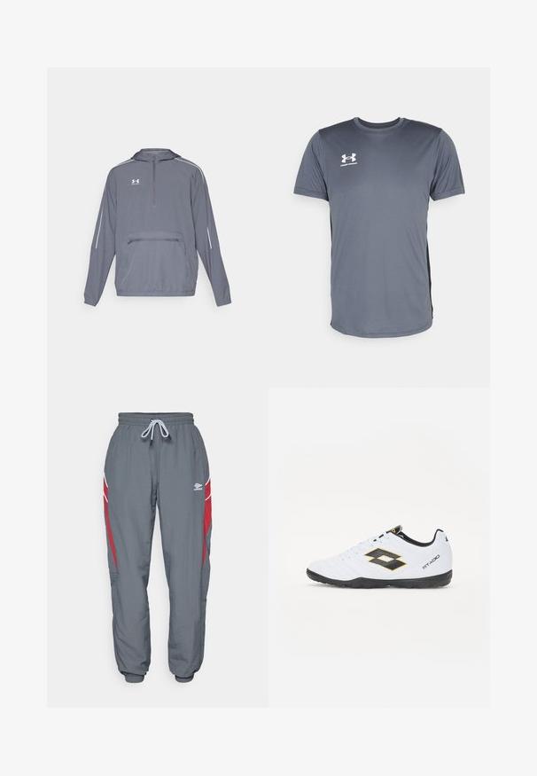 Gray lightweight hooded jacket with a half-zip front, elasticized hem, and a front zippered pocket. Features white accent lines on sleeves.; Gray athletic t-shirt with short sleeves. Features a round neckline and a white Under Armour logo on the front left chest. Smooth texture.; Umbro RELAXED TRACK PANT - Tracksuit bottoms - iron gate/red dahlia/brilliant white; White sports shoes with black and yellow accents, featuring a textured upper, round toe, and a black rubber sole. The design includes a logo detail on the side.