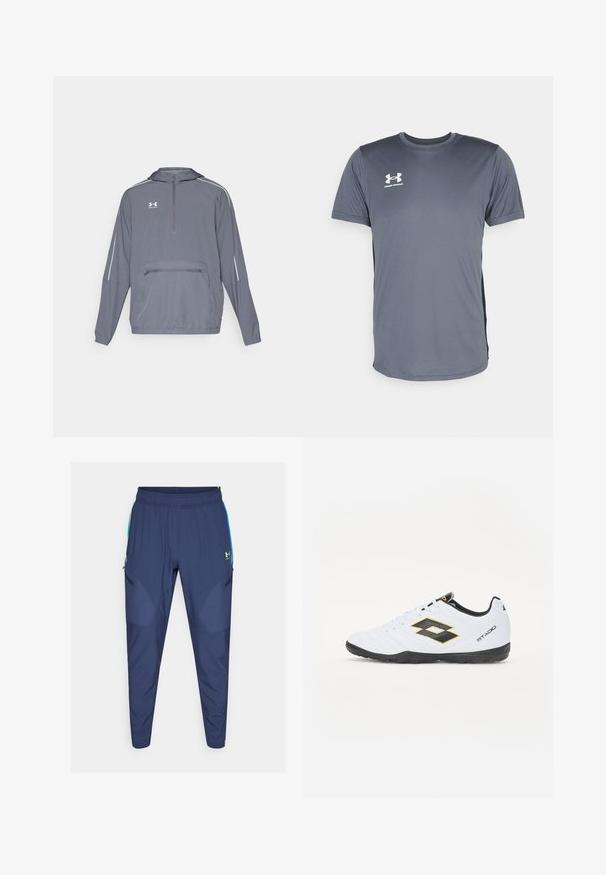 Graue, leichte Kapuzenjacke mit halbem Zipper an der Vorderseite, elastischem Saum und einer vorderen Reißverschlusstasche. Mit weißen Akzentlinien an den Ärmeln.; Graues Sport-T-Shirt mit kurzen Ärmeln. Verfügt über einen runden Halsausschnitt und ein weißes Under Armour-Logo auf der linken Brust. Glatte Textur.; Marinefarbene Sporthosen mit elastischem Bund, schmal zulaufenden Beinen, Seitenreißverschlüssen und grünen Akzenten an den Taschen und dem Logo. Leichtes, glattes Material.; Weiße Sportschuhe mit schwarzen und gelben Akzenten, ausgestattet mit einem strukturierten Obermaterial, runder Schuhspitze und einer schwarzen Gummisohle. Das Design beinhaltet ein Logodetail an der Seite.