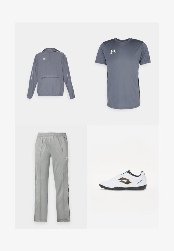 Szürke, könnyű kapucnis dzseki félcipzárral elöl, rugalmas aljjal és elöl cipzáras zsebbel. Fehér díszcsíkokkal a nadrágszáron.; Szürke sportpóló rövid ujjakkal. Kerek nyakú, az elején bal oldalon fehér Under Armour logóval. Sima tapintású.; Világosszürke Umbro sportnadrág elasztikus derékkal és fekete-fehér oldalsávokkal, fehér háttér előtt bemutatva.; Fehér sportcipő fekete és sárga kiegészítőkkel, textúrázott felsőrésszel, kerek orral és fekete gumitalppal. A dizájn tartalmaz egy logó részletet az oldalon.