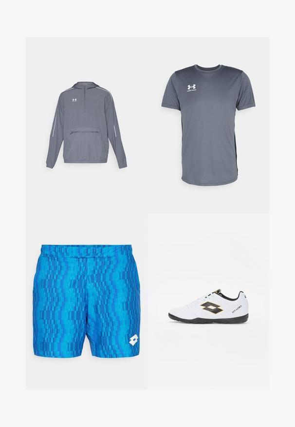 Harmaa kevyt huppari, jossa on puolivetoketju etuosassa, joustava helma ja vetoketjullinen tasku edessä. Hupparissa on valkoiset korostusviivat hihoissa.; Harmaa urheilupaita lyhyillä hihoilla. Ominaisuuksiin kuuluu pyöreä kaula-aukko ja valkoinen Under Armour -logo vasemmassa rinnassa. Sileä pinta.; Siniset uimapuvut, joissa on teksturoitu kuvio pystysuorista viivoista vaihtelevissa sävyissä. Elastinen vyötärö, jossa on valkoinen logo korostuksena alhaalla oikealla.; Valkoiset urheilukengät mustilla ja keltaisilla yksityiskohdilla, joissa on teksturoitu päällinen, pyöreä kärki ja musta kumipohja. Suunnittelussa on logotieto sivulla.