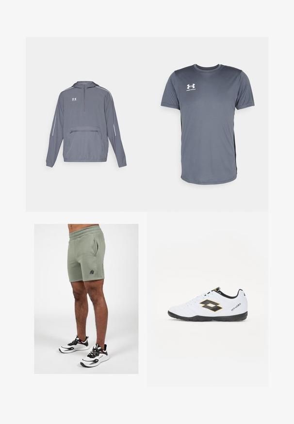 Halliine hall kerge kapuutsiga jope, millel on pooltõmbe esiosa, elastne alumine äär ja eesmine lukuga tasku. Omab valgeid aktsentjooni varrukatel.; Hallikas sportlik T-särk lühikeste varrukatega. Omab ümara kaelusega disaini ja valget Under Armour'i logo vasakul rinnal. Siledat tekstuuri.; Oliivroheline lühike püksid elastse vöökoha, küljetaskute ja musta logoga. Koos mustade ja valgete spordijalatsitega.; Valged spordijalatsid mustade ja kollaste aktsentidega, millel on tekstuuriga pealisosa, ümmargune nina ja must kummist tallad. Disain sisaldab logo detaile külgedel.