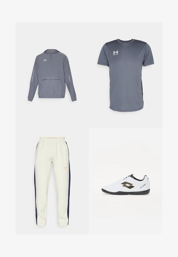 Pilkas lengvas gobtuvu džemperis su pusiau užtrauktuku priekyje, elastinga apačia ir priekiu užtraukiama kišene. Savybių baltos akcentinės linijos ant rankovių.; Pilkas sportinis marškinėliai su trumpomis rankovėmis. Su apvaliu iškirpimu ir baltu Under Armour logotipu priekinėje kairėje krūtinės pusėje. Lygi tekstūra.; Šviesiai smėliniai sportiniai džinsai su raišteliu liemenyje, tamsiai mėlynos spalvos šoninėmis juostomis ir oranžine logotipu ant kairiojo šlaunies; pagaminti iš minkštos medžiagos.; Baltos sportinės bateliai su juodais ir geltonais akcentais, turintys tekstūruotą viršutinę dalį, apvalią nosį ir juodą guminius padus. Dizainas apima logotipo detalę šone.