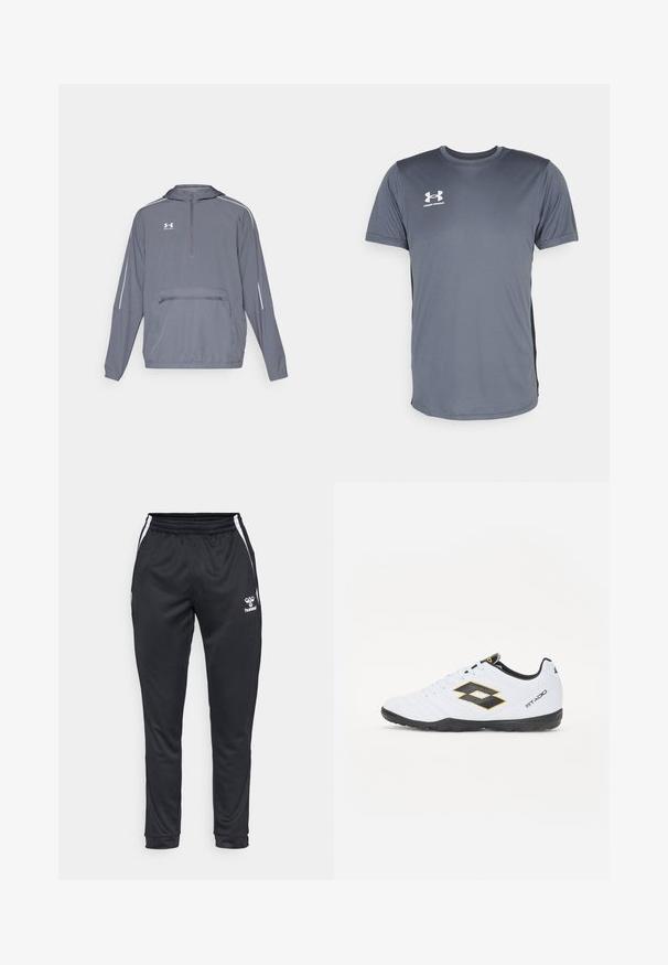 Szara, lekka kurtka z kapturem, z półzamkiem z przodu, elastycznym dołem oraz zamykaną na zamek kieszenią z przodu. Posiada białe akcenty na rękawach.; Szara koszulka sportowa z krótkim rękawem. Posiada okrągły dekolt oraz białe logo Under Armour na lewej piersi. Gładka tekstura.; Czarne spodnie sportowe z elastycznym pasem, białymi paskami po bokach i logo na lewym udzie. Wykonane z gładkiego, lekkiego materiału.; Białe buty sportowe z czarnymi i żółtymi akcentami, z teksturowaną cholewką, okrągłym czubkiem i czarną gumową podeszwą. Projekt zawiera szczegół z logo po bokach.