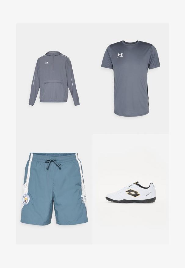Grå lett hettejakke med halv glidelås foran, elastisk bunn og en frontlomme med glidelås. Har hvite kantlinjer på ermene.; Grå atletisk t-skjorte med korte ermer. Har en rund halslinning og en hvit Under Armour-logo på venstre side av brystet. Glatt tekstur.; Herre svømmeshorts i teal, med elastisk talje og snor, hvite sideakenter og et Manchester City-logo-patch.; Hvite sportsko med svarte og gule detaljer, med en teksturert overflate, rund tå og en svart gummisåle. Designet inkluderer et logodetalj på siden.