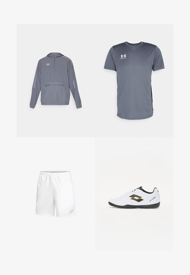 Γκρι ελαφρύ μπουφάν με κουκούλα και μπροστινή μισή φερμουάρ, ελαστική περίμετρο και μπροστινή τσέπη με φερμουάρ. Διαθέτει λευκές διακοσμητικές γραμμές στα μανίκια.; Γκρι αθλητικό μπλουζάκι με κοντά μανίκια. Διαθέτει στρογγυλή λαιμόκοψη και λευκό λογότυπο της Under Armour στο μπροστινό αριστερό μέρος του στήθους. Λείος υφασμάτινος περίπατος.; Lotto SQUADRA III 7IN - Αθλητικό σορτς - weiss; Λευκά αθλητικά παπούτσια με μαύρες και κίτρινες λεπτομέρειες, με υφή στην επάνω επιφάνεια, στρογγυλή μύτη και μαύρη καουτσούκ σόλα. Ο σχεδιασμός περιλαμβάνει λεπτομέρεια λογότυπου στο πλάι.