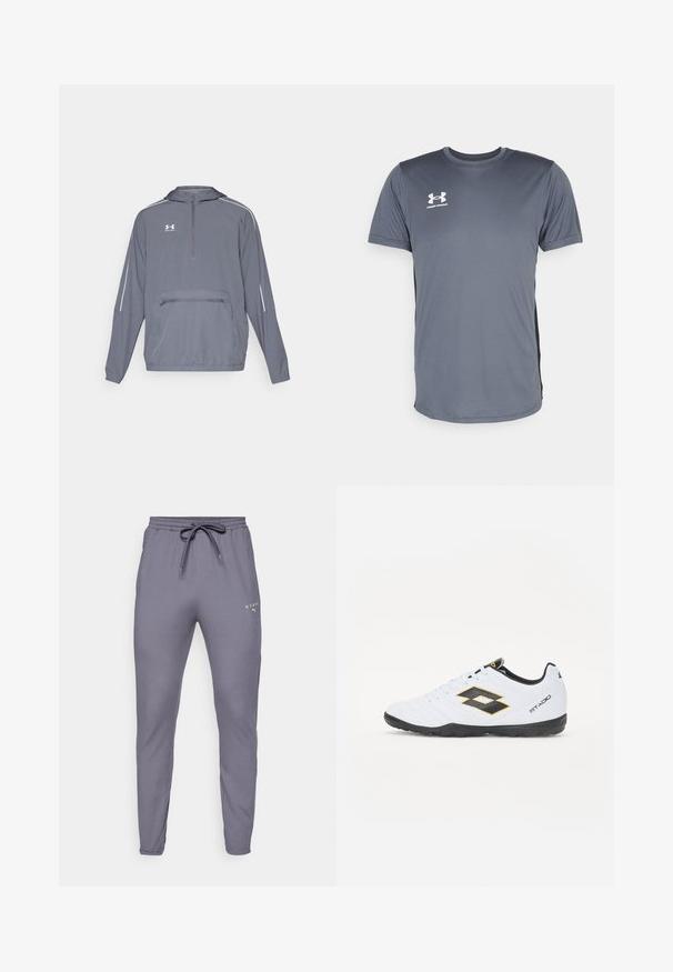 Siva lahka jakna s kapuco z delnim zadrgo spredaj, elastičnim robom in sprednjim žepom na zadrgo. Ima bele poudarjene črte na rokavih.; Siva atletska majica s kratkimi rokavi. Ima okroglo ovratnico in belo logotip Under Armour na sprednji levi strani prsnega koša. Gladka tekstura.; Sive trenirke z ožjim krojem, izdelane iz mehkega materiala. Imajo elastični pas s trakcem za prilagajanje in majhen neonsko zeleni logo spredaj.; Bele športne čevlje z črnimi in rumenimi detajli, z teksturiranim zgornjim delom, okroglo konico in črnim gumijastim podplatom. Oblikovanje vključuje logotip na strani.