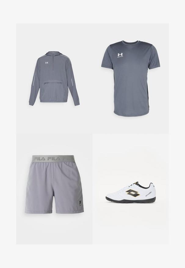 Pilkas lengvas gobtuvu džemperis su pusiau užtrauktuku priekyje, elastinga apačia ir priekiu užtraukiama kišene. Savybių baltos akcentinės linijos ant rankovių.; Pilkas sportinis marškinėliai su trumpomis rankovėmis. Su apvaliu iškirpimu ir baltu Under Armour logotipu priekinėje kairėje krūtinės pusėje. Lygi tekstūra.; Šviesiai pilki sportiniai šortai, pagaminti iš lygaus audinio, su elastine juosta, ant kurios matyti "FILA" ženklas, bei maža logotipo etikete šone.; Baltos sportinės bateliai su juodais ir geltonais akcentais, turintys tekstūruotą viršutinę dalį, apvalią nosį ir juodą guminius padus. Dizainas apima logotipo detalę šone.