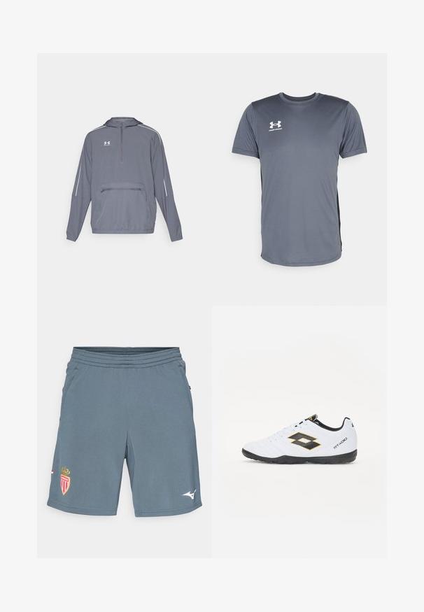 Siva lagana jakna s kapuljačom s prednjim zatvaračem na pola, elastičnim donjim rubom i prednjim džepom sa zatvaračem. Ima bijele akcentne linije na rukavima.; Sivi atletski majica s kratkim rukavima. Ima okrugli izrez i bijeli Under Armour logo na lijevoj strani prsnog koša. Glatka tekstura.; Sive kratke sportske hlače napravljene od laganog materijala. Imaju elastični pojas, bočne džepove i crveno-zlatni timski logo na lijevoj nozi.; Bijele sportske cipele s crnim i žutim akcentima, sa teksturiranim gornjištem, okruglim prstom i crnim gumennim potplatom. Dizajn uključuje logo detalj sa strane.