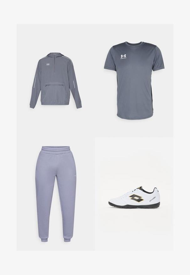 Pelēks viegls kapuce ar pus-izsistām priekšpusē, elastīgu apakšmalu un priekšējo kabatu ar rāvējslēdzēju. Tam ir baltas akcentu līnijas uz piedurknēm.; Pelēks sporta T-krekls ar īsām piedurknēm. Tam ir apaļa kakla izgriezne un balts Under Armour logo kreisajā krūšu pusē. Gluda tekstūra.; Gaiši purpura sporta bikses, izgatavotas no kokvilnas un sintētisko šķiedru maisījuma, ar auklu vidukli, ribinātām elastīgajām mājām un mazu logotipa akcentu.; Baltas sporta apavus ar melniem un dzelteniem akcentiem, ar teksturētu virsmu, apaļu purngalu un melnu gumijas zoli. Dizainā ir iekļauts logo elements sānos.