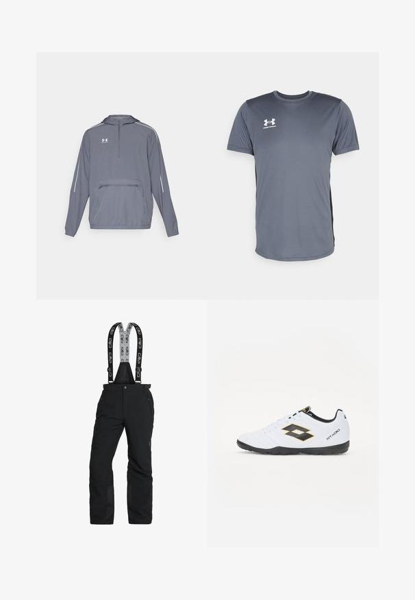 Gray lightweight hooded jacket with a half-zip front, elasticized hem, and a front zippered pocket. Features white accent lines on sleeves.; Gray athletic t-shirt with short sleeves. Features a round neckline and a white Under Armour logo on the front left chest. Smooth texture.; Black snow pants with adjustable suspenders, zippered pockets, and reinforced ankles. Made of waterproof material with a smooth texture.; White sports shoes with black and yellow accents, featuring a textured upper, round toe, and a black rubber sole. The design includes a logo detail on the side.