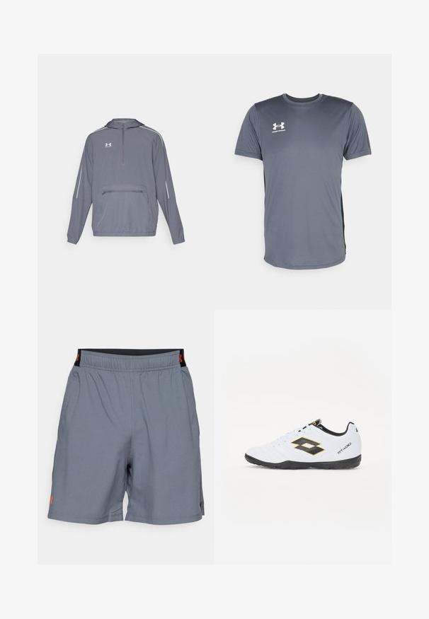 Harmaa kevyt huppari, jossa on puolivetoketju etuosassa, joustava helma ja vetoketjullinen tasku edessä. Hupparissa on valkoiset korostusviivat hihoissa.; Harmaa urheilupaita lyhyillä hihoilla. Ominaisuuksiin kuuluu pyöreä kaula-aukko ja valkoinen Under Armour -logo vasemmassa rinnassa. Sileä pinta.; Harmaat urheilushortsit, joissa on musta joustovyötärö. Vasemmassa sääressä on pieni punainen logo ja kangas on sileä mutta teksturoitu.; Valkoiset urheilukengät mustilla ja keltaisilla yksityiskohdilla, joissa on teksturoitu päällinen, pyöreä kärki ja musta kumipohja. Suunnittelussa on logotieto sivulla.