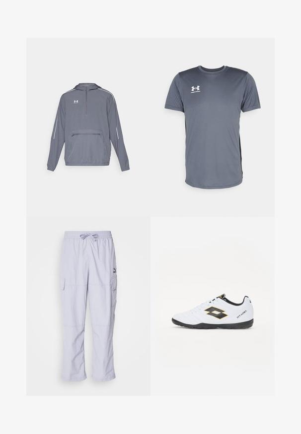 Grå lett hettejakke med halv glidelås foran, elastisk bunn og en frontlomme med glidelås. Har hvite kantlinjer på ermene.; Grå atletisk t-skjorte med korte ermer. Har en rund halslinning og en hvit Under Armour-logo på venstre side av brystet. Glatt tekstur.; Lyse lilla cargo bukser med elastisk linning, snor og sidelommer. Materialet virker glatt med en avslappet passform og rette ben.; Hvite sportsko med svarte og gule detaljer, med en teksturert overflate, rund tå og en svart gummisåle. Designet inkluderer et logodetalj på siden.