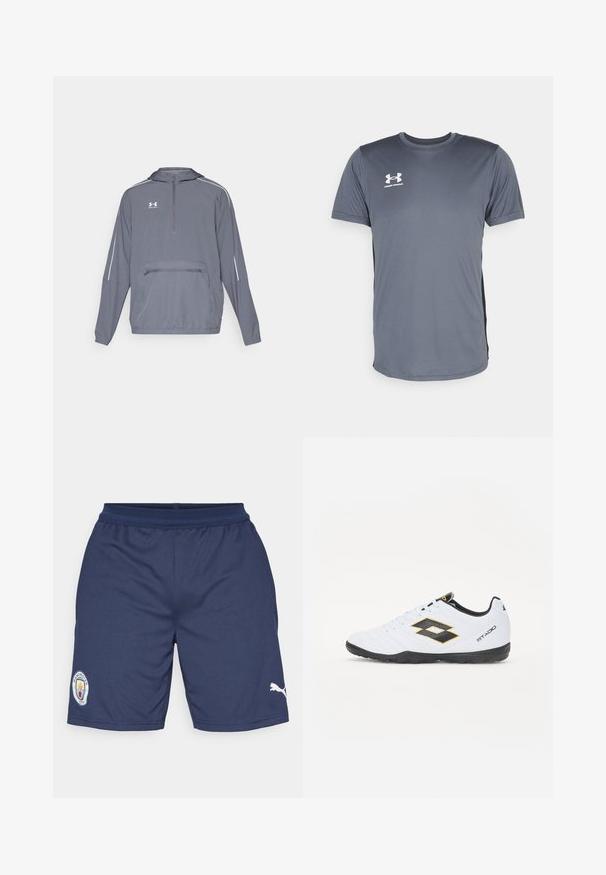 Harmaa kevyt huppari, jossa on puolivetoketju etuosassa, joustava helma ja vetoketjullinen tasku edessä. Hupparissa on valkoiset korostusviivat hihoissa.; Harmaa urheilupaita lyhyillä hihoilla. Ominaisuuksiin kuuluu pyöreä kaula-aukko ja valkoinen Under Armour -logo vasemmassa rinnassa. Sileä pinta.; Tummansininen urheilushortsit polyesteristä, joissa on logopatch vasemmassa lahkeessa ja valkoinen Puma-yksityiskohta oikealla. Mukana joustava vyötärönauha.; Valkoiset urheilukengät mustilla ja keltaisilla yksityiskohdilla, joissa on teksturoitu päällinen, pyöreä kärki ja musta kumipohja. Suunnittelussa on logotieto sivulla.