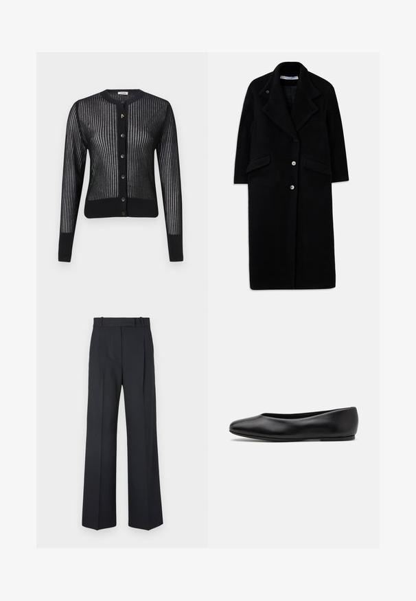 Długi czarny wełniany płaszcz z szerokimi klapami, trzema guzikami z przodu, dwiema kieszeniami z klapami i długimi rękawami.; Czarny kardigan z prążkowanym wzorem, z okrągłym dekoltem, zapięciem na guziki i subtelną teksturą. Złoty detal przy guzikach.; Biała bawełniana koszula z długim rękawem, z wyostrzonym kołnierzykiem, zapinana na guziki z przodu i zaokrąglonym dołem. Gładka faktura, regularny krój i brak wzorów.; Ciemnoniebieskie spodnie w paski z wysokim stanem, szerokimi nogawkami i bez widocznych elementów metalowych lub ozdób. Gładka tekstura i dopasowany krój.; Paul Smith TOPANGA czarny