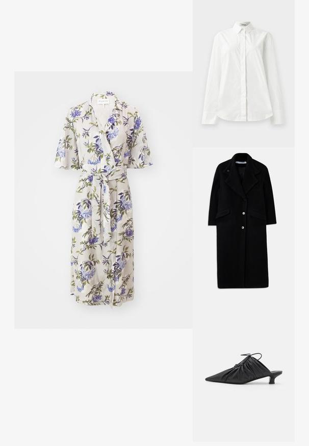 Garšs melns vilnas mētelis ar platām atlokām, trim priekšējām pogām, divām kabatām ar atloku un garām piedurknēm.; Ziedu apģērbs no viegla audi, ar īsām zvana piedurknēm, saišu jostu un purpura un zaļiem ziedu rakstiem uz gaiša fona.; Balta kokvilnas krekls ar garām piedurknēm, ar norādītu apkakli, pogāmu priekšpusi un apaļu apakšmalu. Gluda tekstūra, regulāra piegriezums un bez rakstiem.; Melnas ādas slīdējošās muļas ar piltuves formu, sakopotu tekstūru un mazu kaķu papēdi. Iezīme ir aukliņas detaļa pie atvēruma.