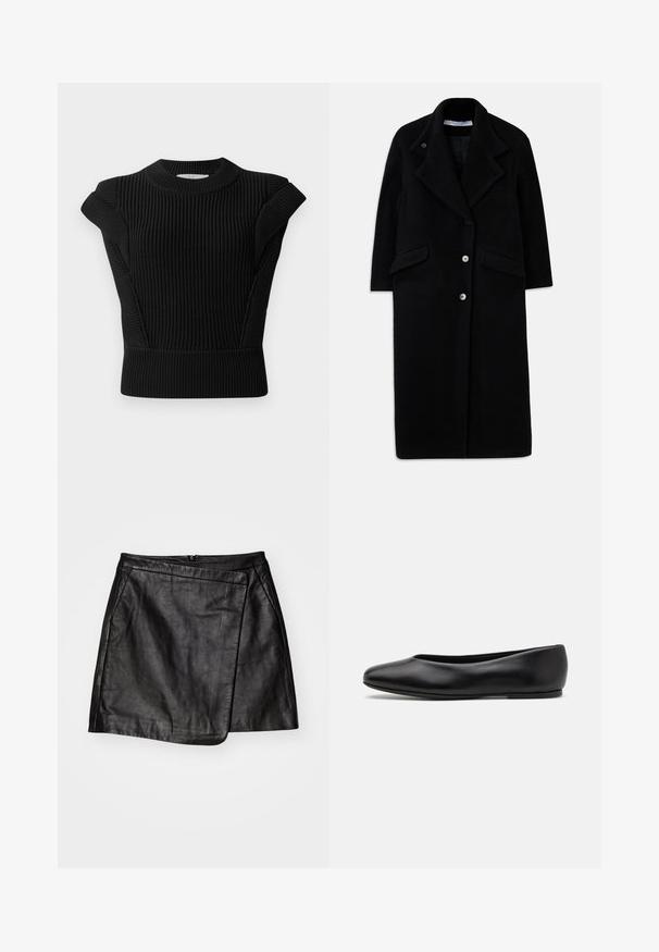 Lange zwarte wollen jas met brede revers, drie knopen aan de voorkant, twee klepzakken en lange mouwen.; Zwarte geribbelde gebreide trui met korte mouwen en een ronde halslijn. Heeft een aansluitende pasvorm en een gestructureerde stof.; Witte katoenen blouse met lange mouwen, een puntkraag, knoopsluiting aan de voorkant en een afgeronde zoom. Gladde textuur, normale pasvorm en geen patronen.; Zwarte leren mini-rok met een asymmetrisch wikkeldesign, met een gladde textuur en een rits aan de achterkant.; Paul Smith TOPANGA - Ballerina's - black