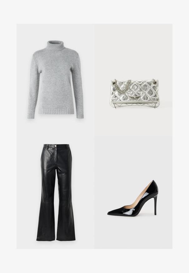 Palton lung din lână neagră, cu reveruri largi, trei nasturi frontali, două buzunare cu clapă și mâneci lungi.; Pullover guler înalt de culoare gri deschis, realizat dintr-un material tricotat moale, cu mâneci lungi și textură ribbată la guler și la tiv.; Pantaloni din piele ecologică negri, cu talie înaltă, închidere cu nasture, curea și pantaloni evazați, pe fundal alb.; Pantofi cu toc înalt din piele patent neagră, cu un design cu vârf ascuțit și o siluetă elegantă. Prezintă un finisaj neted și strălucitor și un toc subțire de tip stiletto.; Geantă de umăr argintie din metal, cu mânere din lanț, textură matlasată, cusături decorative și închidere cu fermoar. Are accente embossate pe față.