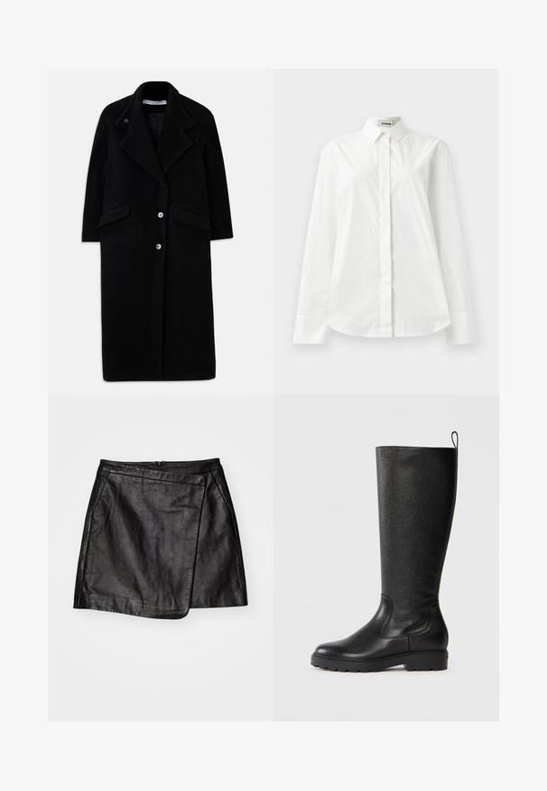 Cappotto lungo in lana nera con ampi revers, tre bottoni frontali, due tasche a pattina e maniche lunghe.; Camicia bianca in cotone a maniche lunghe con colletto a punta, chiusura anteriore con bottoni e orlo arrotondato. Tessuto liscio, vestibilità regolare e senza fantasie.; Mini gonna in pelle nera con design asimmetrico a portafoglio, caratterizzata da una texture liscia e chiusura con zip sul retro.; Stivali neri al ginocchio realizzati in pelle testurizzata, con punta arrotondata, suola in gomma robusta con trazione e una linguetta nella parte superiore.