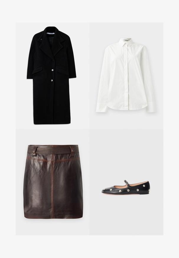 Hosszú fekete gyapjú kabát széles hajtókákkal, három elülső gombbal, két zsebbekkel és hosszú ujjakkal.; Fehér pamut hosszú ujjú ing, hegyes gallérral, gombos elülső záródással és lekerekített szegéllyel. Sima textúra, normál szabás és minták nélkül.; Sötétbarna bőrből készült mini szoknya széles derékrésszel, amelyet két övlyuk és fémből készült gombok biztosítanak.; Fekete bőr Mary Jane lapossarkú cipő, lekerekített orral, ezüst színű kör alakú szegecsekkel és állítható pánttal, csattal.