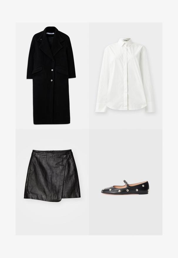 Long manteau noir en laine avec grands revers, trois boutons devant, deux poches à Rabat et manches longues.; Chemise blanche en coton à manches longues avec un col pointu, fermeture à boutons sur le devant et ourlet arrondi. Texture lisse, coupe régulière et sans motifs.; Jupe mini en cuir noir avec un design enroulé asymétrique, présentant une texture lisse et une fermeture éclair à l'arrière.; Chaussure plate en cuir noir type Mary Jane avec un bout arrondi, ornée de clous ronds en argent et dotée d'une sangle réglable avec une boucle.