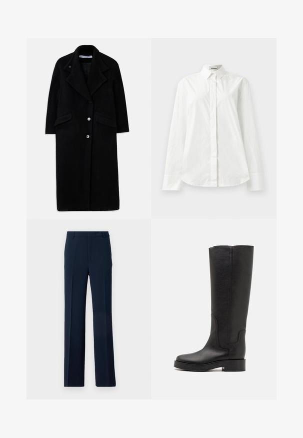 Hosszú fekete gyapjú kabát széles hajtókákkal, három elülső gombbal, két zsebbekkel és hosszú ujjakkal.; Fehér pamut hosszú ujjú ing, hegyes gallérral, gombos elülső záródással és lekerekített szegéllyel. Sima textúra, normál szabás és minták nélkül.; Sötétkék nadrág sima anyagból, egyenes lábszárral, elülső pliszékkel és oldalsó zsebekkel a szabott megjelenés érdekében.; Casadei CHARLIE STATUS - Platform csizmák - black