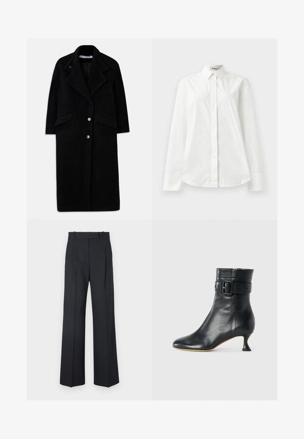Abrigo largo de lana negra con solapas anchas, tres botones en el frente, dos bolsillos con solapa y mangas largas.; Camisa de algodón blanca de manga larga con collar puntiagudo, cierre frontal de botones y dobladillo redondeado. Textura suave, corte regular y sin patrones.; Pantalones oscuros de rayas con un diseño de cintura alta y pierna ancha, sin hardware o adornos visibles. Textura suave y ajuste entallado.; Bota de cuero negro hasta el tobillo con punta afilada, tacón cónico y detalle de hebilla en el puño. Textura suave y diseño elegante.