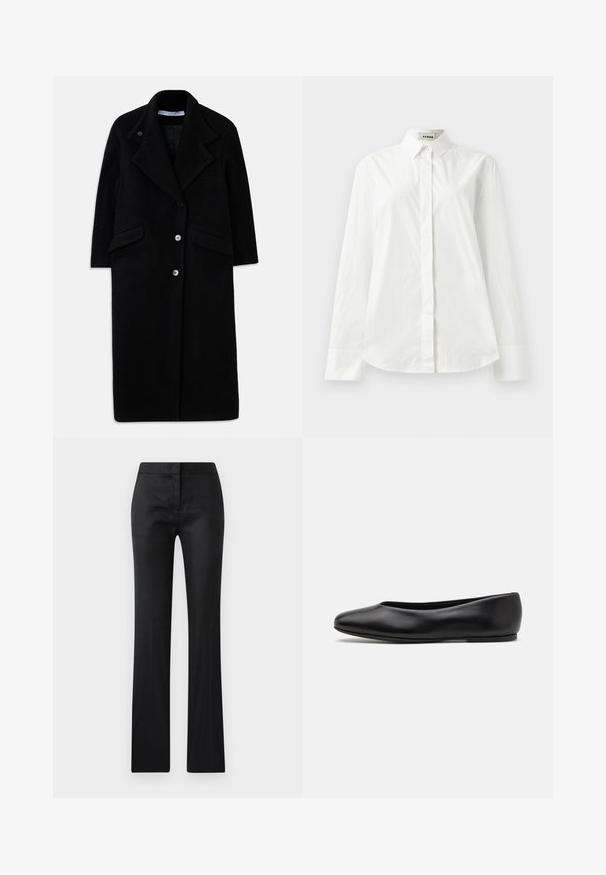 Długi czarny wełniany płaszcz z szerokimi klapami, trzema guzikami z przodu, dwiema kieszeniami z klapami i długimi rękawami.; Biała bawełniana koszula z długim rękawem, z wyostrzonym kołnierzykiem, zapinana na guziki z przodu i zaokrąglonym dołem. Gładka faktura, regularny krój i brak wzorów.; Czarne, dopasowane spodnie o gładkiej teksturze, lekko błyszczącym wykończeniu i prostym kroju nogawki. Brak widocznych elementów metalowych lub wzorów.; Paul Smith TOPANGA czarny