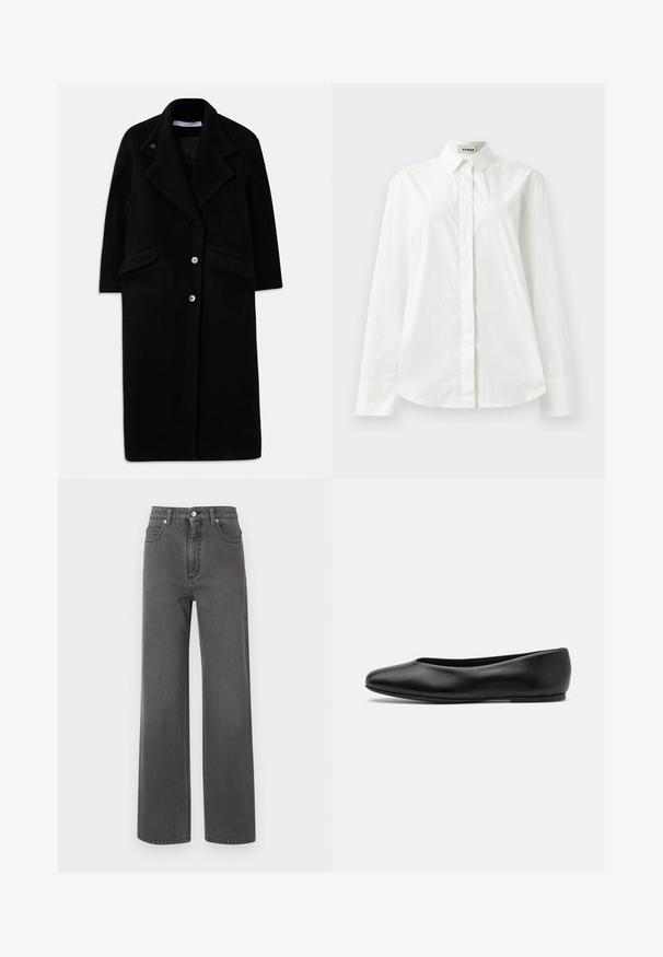 Langer schwarzer Wollmantel mit breiten Revers, drei Vorderknöpfen, zwei aufgesetzten Taschen und langen Ärmeln.; Weißes Baumwollhemd mit langen Ärmeln, spitzen Kragen, Knopfverschluss vorne und abgerundetem Saum. Glatte Textur, normale Passform und keine Muster.; Weite graue Denim-Jeans mit hoher Taille, Frontknopfverschluss und kontrastierenden Nähten. Verfügt über zwei Seitentaschen und eine glatte Textur.; Paul Smith TOPANGA - Klassischer Ballerina - black